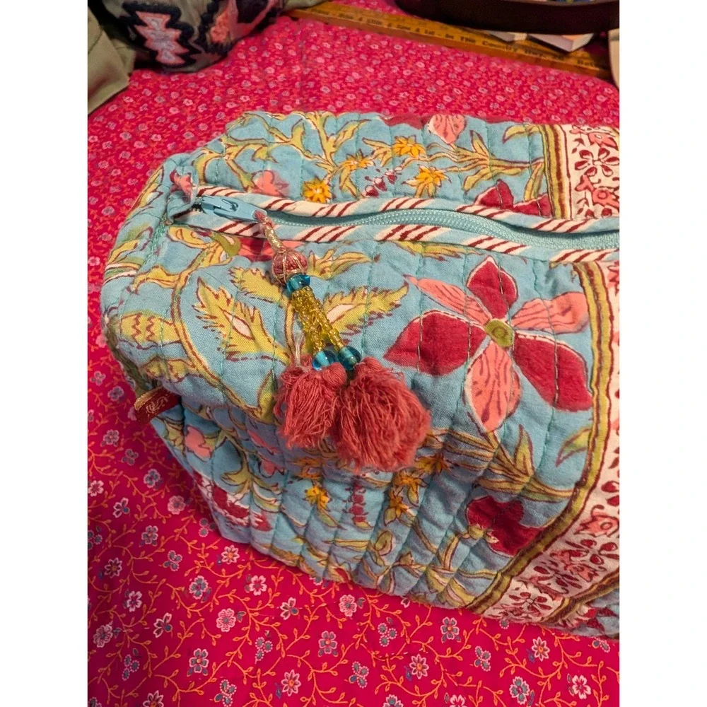 Anokhi Block Print Bag Quilted Cosmetic Large Toiletries Boho Cottage Travel